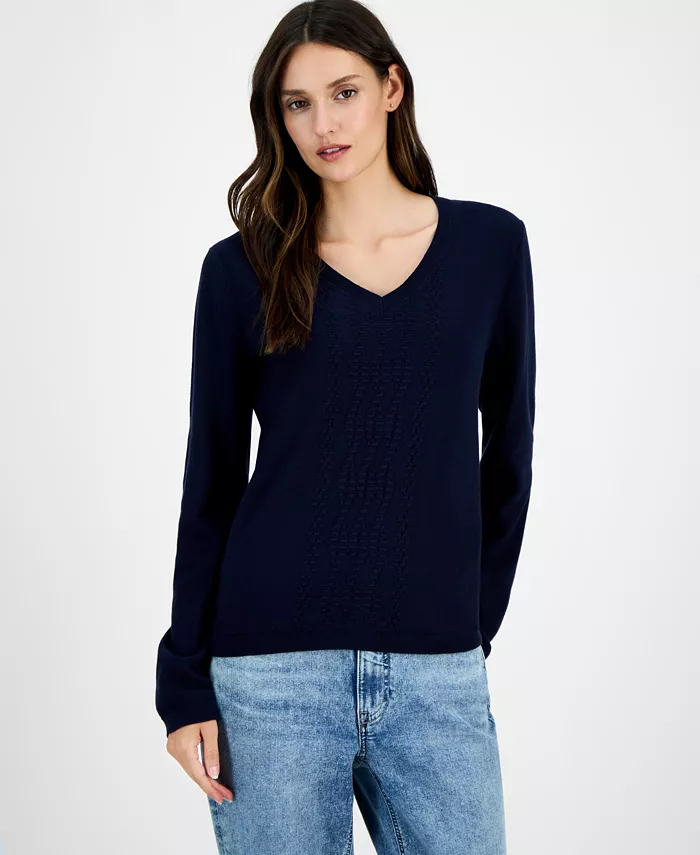 Nautica Women's Cotton V-Neck Textured Sweater