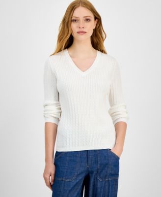 Women's V-neck Cable Knit Sweater, Online Only