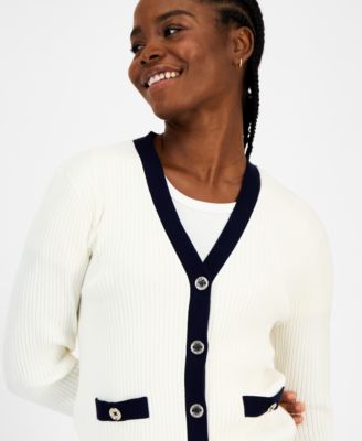 Women's Contrast Trim V-Neck Button-Front Cardigan