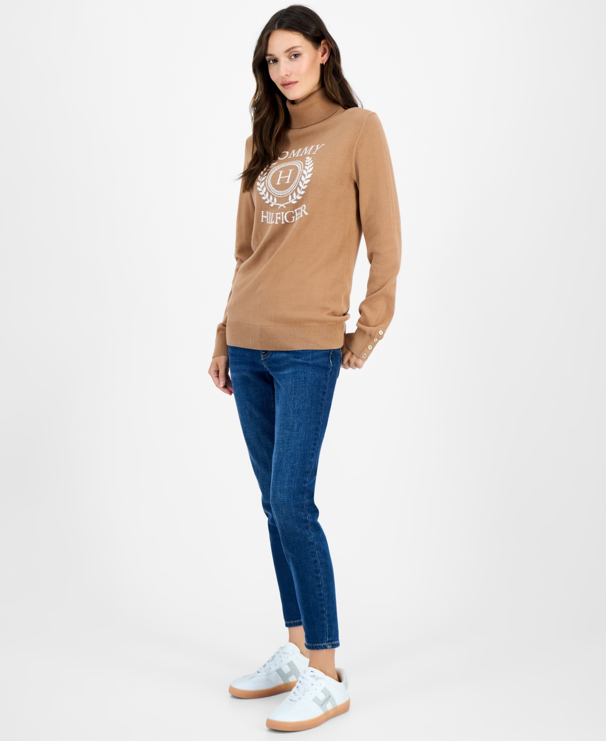 Tommy Hilfiger Women's Cotton Crest Turtleneck Sweater In Brown