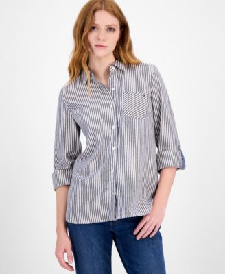 Tommy Hilfiger - Women's Shine-Stripe Roll-Tab Shirt