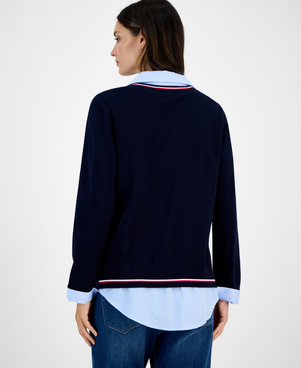 Tommy Hilfiger Women's Cotton Twofer V-neck Long-sleeve Sweater In Multi