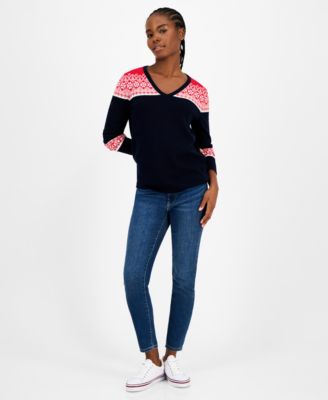 Women's Cotton Fair Isle V-Neck Sweater 