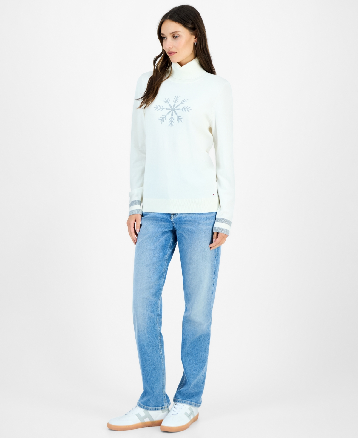 Tommy Hilfiger Women's Cotton Snowflake Turtleneck Sweater In White