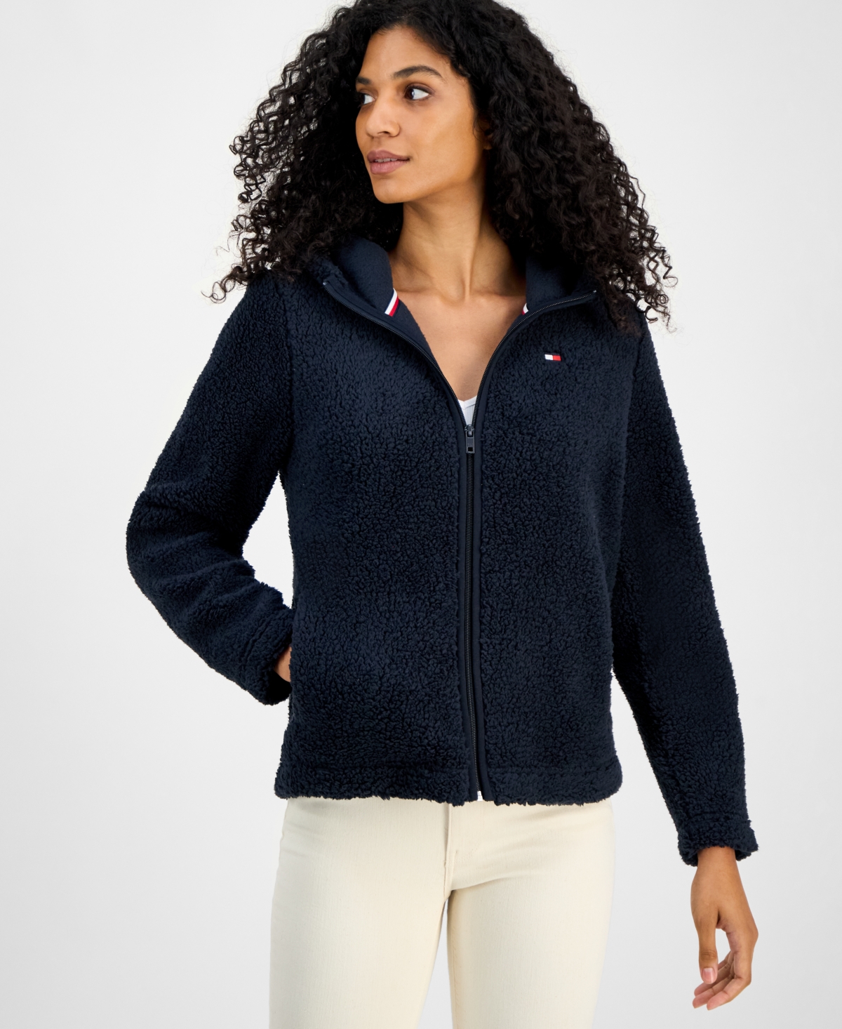 Tommy Hilfiger Women's Zip-front Long-sleeve Sherpa Jacket In Blue