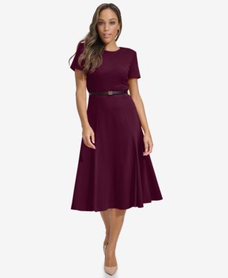 Calvin Klein - Women's Short-Sleeve Belted A-Line Dress