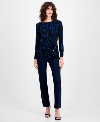 Petite Ruched Rivet-Trim Long-Sleeve Top