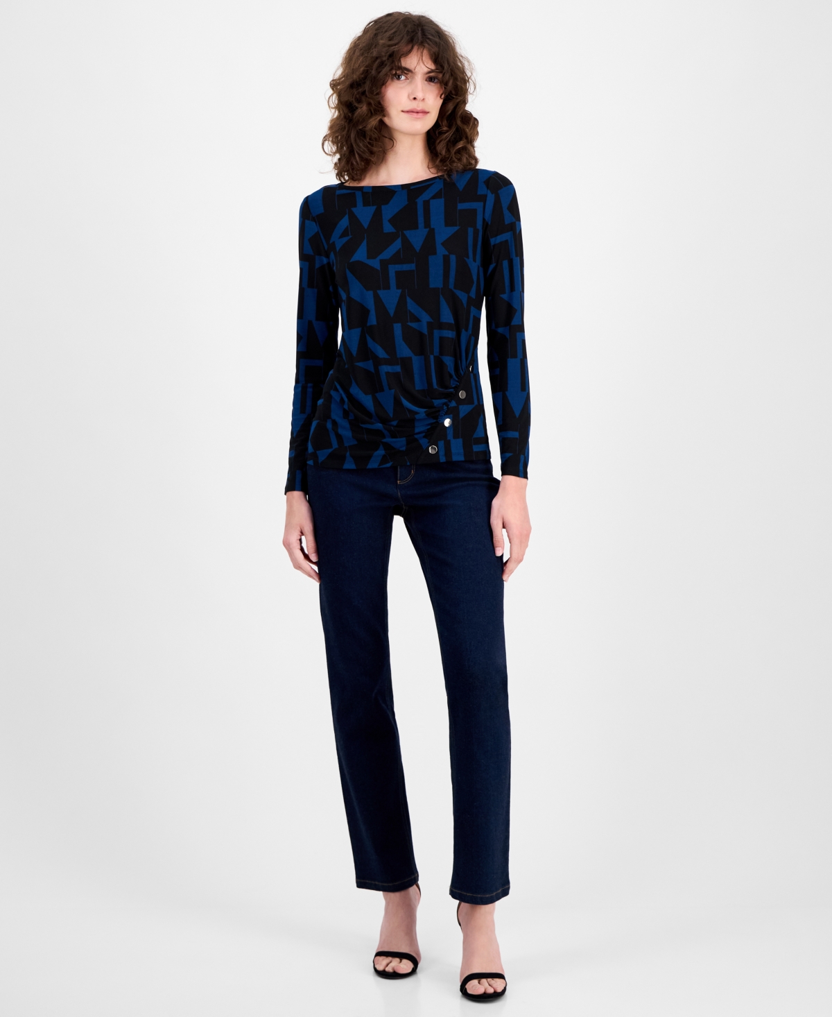 Ak Anne Klein Women's Geo-print Button-trim Top In Multi