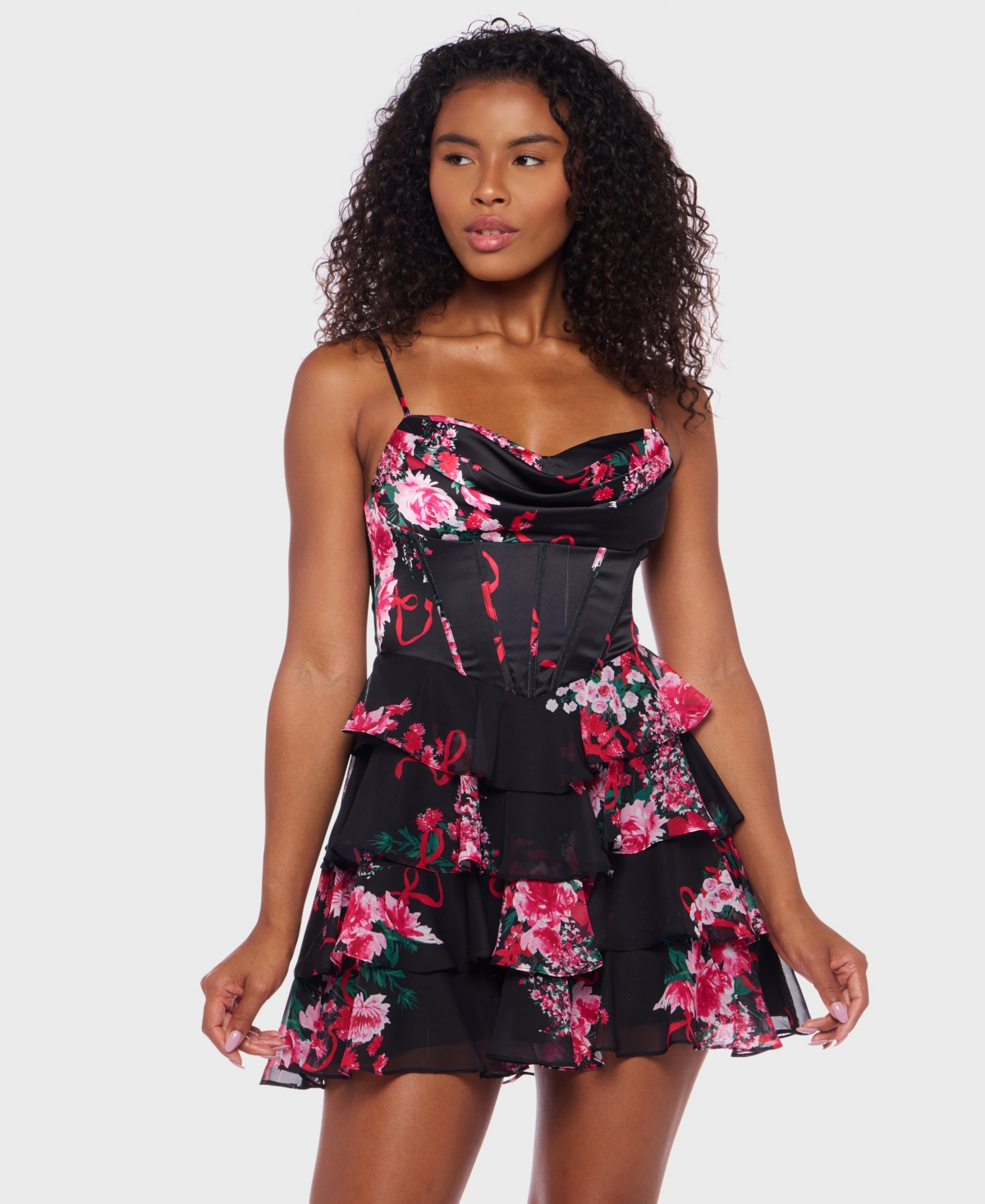 Juniors' Tiered Satin Skirt Corset Draped Neck Dress - Black multi