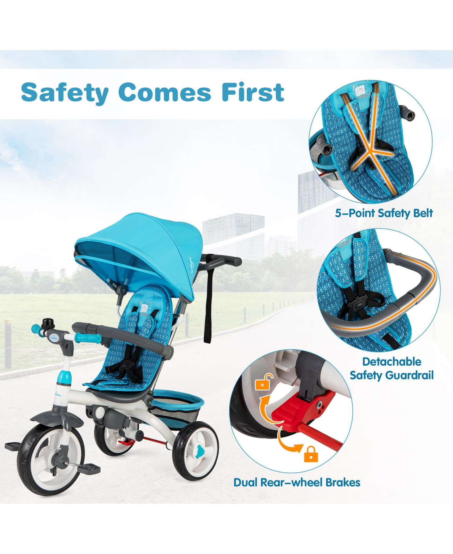 Baby Tricycle Stroller 6-in-1 Kids Push Trike w/ Removable 5-Position Canopy