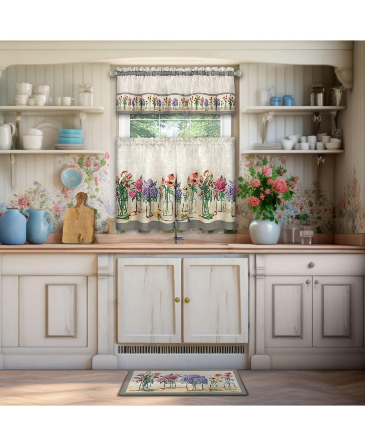 Kate Aurora 3 Piece Gardenia Florals Rod Pocket Kitchen Curtain Tier & Valance Set - 36 in. Long