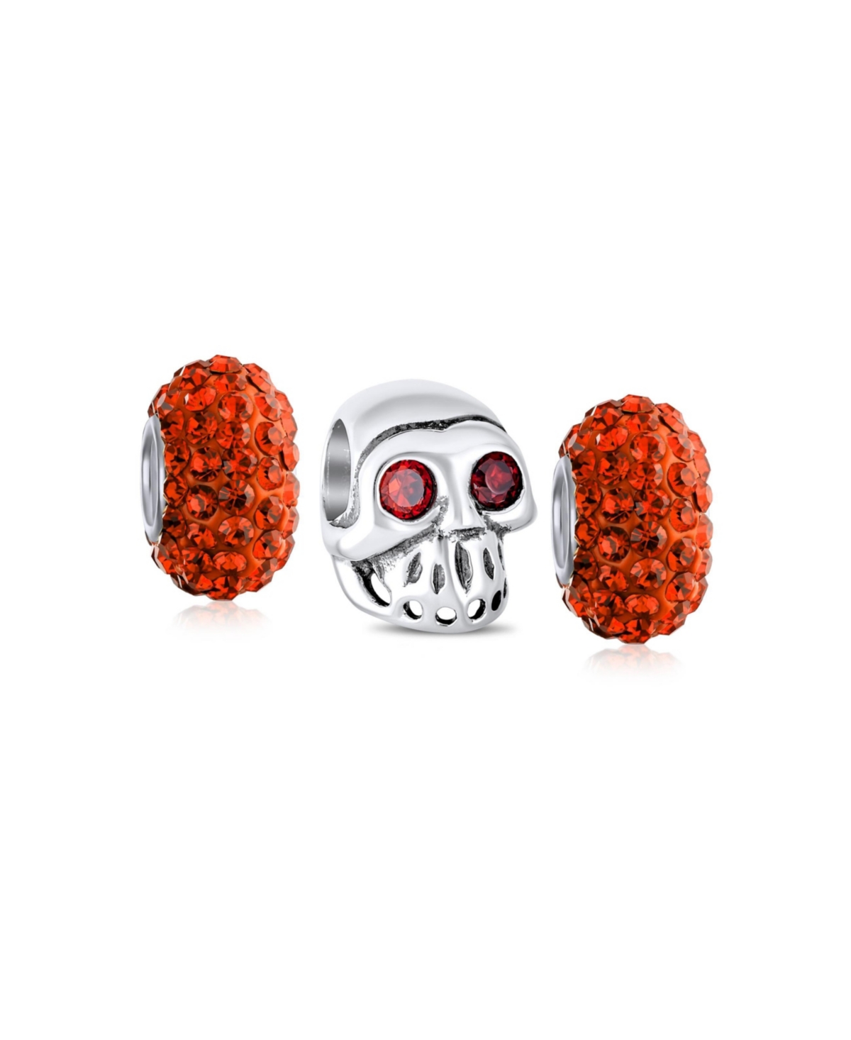 Set of 3 Halloween Red Eyes Skeleton Pirate Skull & Solid Bright Orange Spacer Charm Bead Sterling Silver - Red set