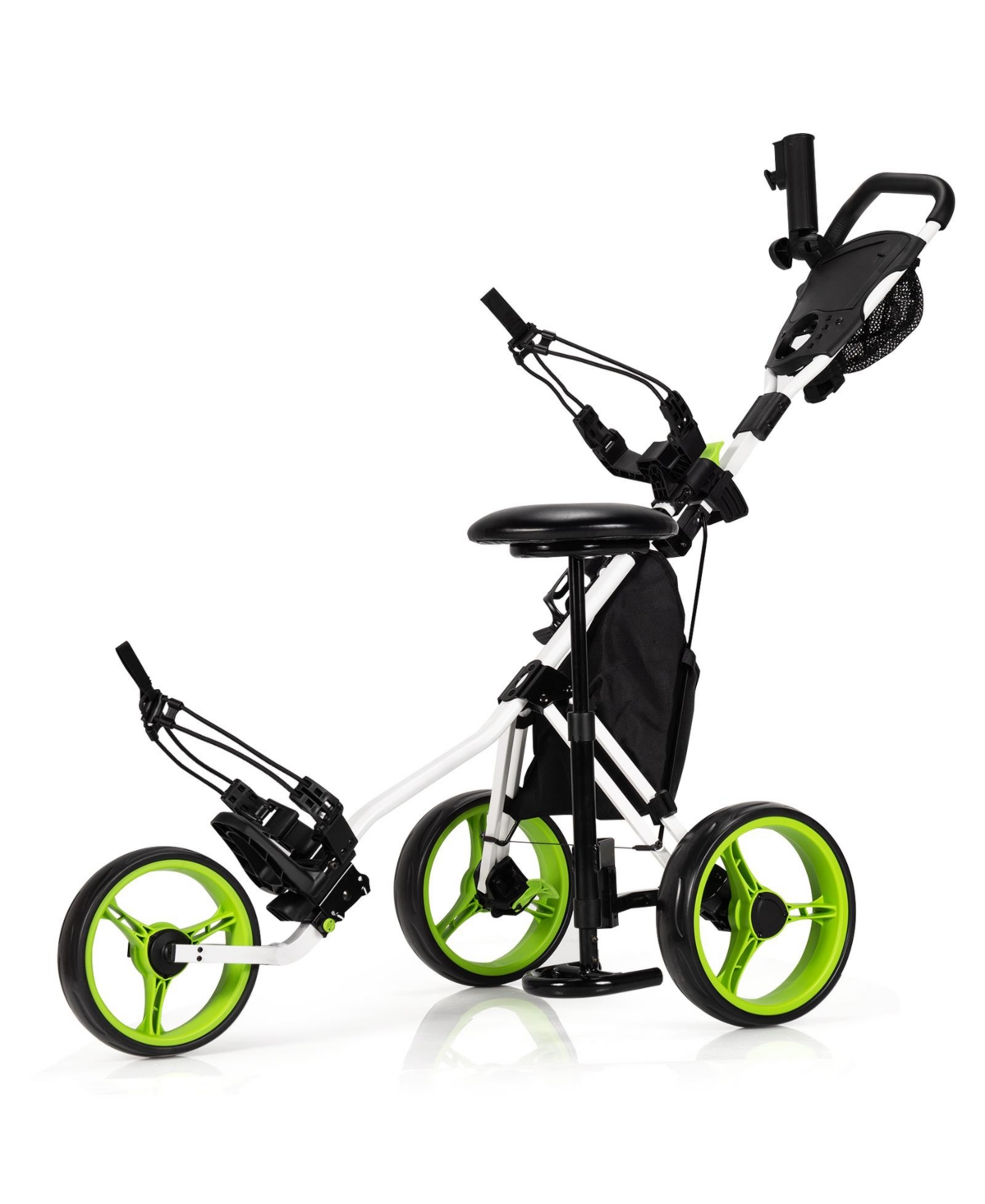 3 Wheel Folding Golf Push Cart with Seat Scoreboard and Adjustable Handle - Black
