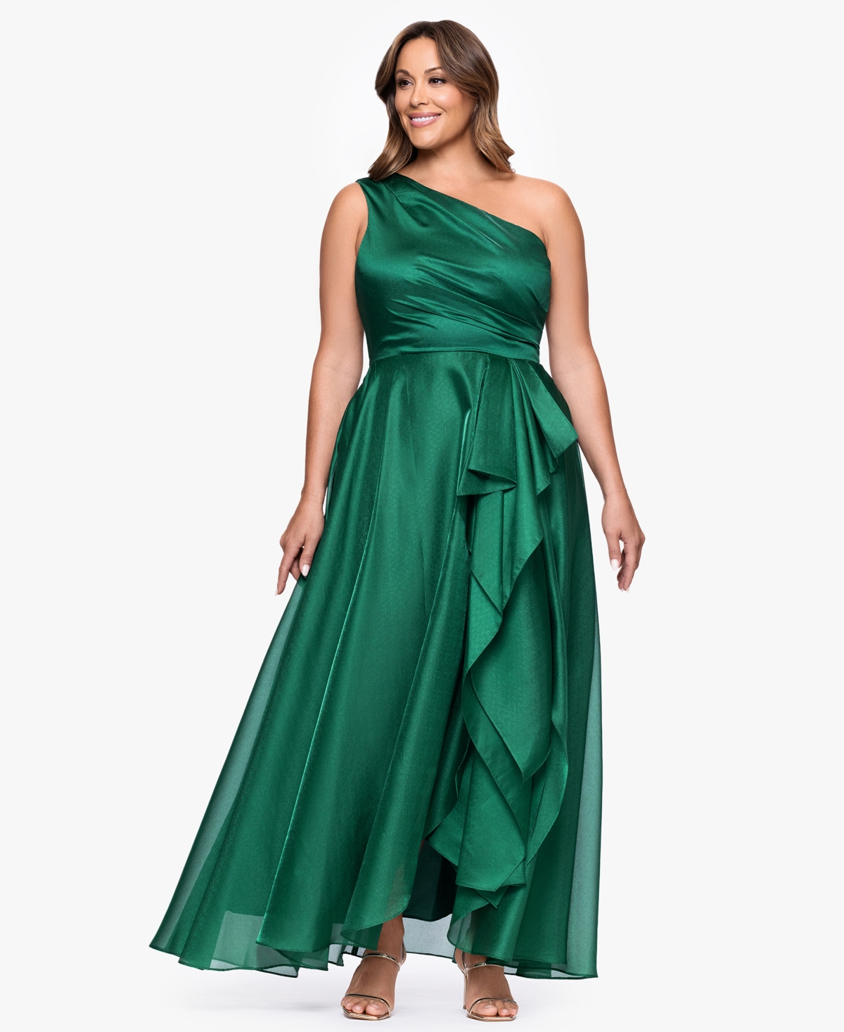 Xscape Plus Size One-shoulder Organza Ball Gown In Green