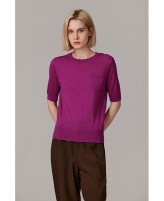 Women's Tissue Weight 75% Merino Wool 25% Silk Crew Neck Short Sleeve T Shirt Sweater | Ultra Soft Machine-Washable Sweaters