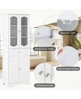 63" MDF Bathroom Cabinet with Tempered Glass Doors, Adjustable Shelves and Large Drawer