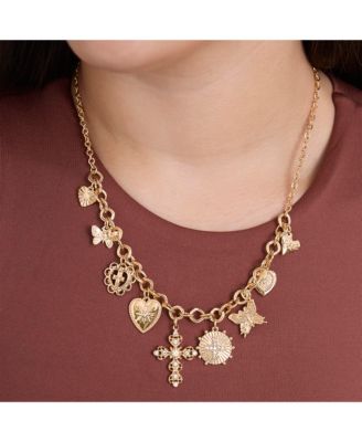 Gold-Tone Textured Cross & Heart Charm Necklace