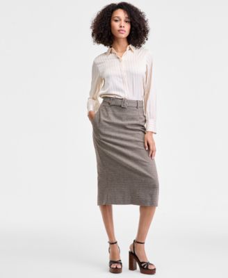French Connection Womens Satin Pinstripe Blouse Houndstooth Belted Midi Skirt In Multi