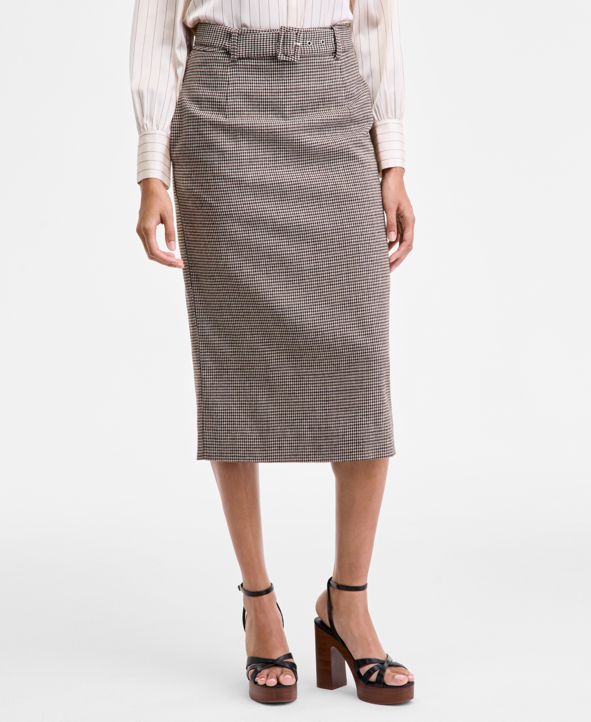French Connection Women's Houndstooth Belted Midi Skirt In Gray