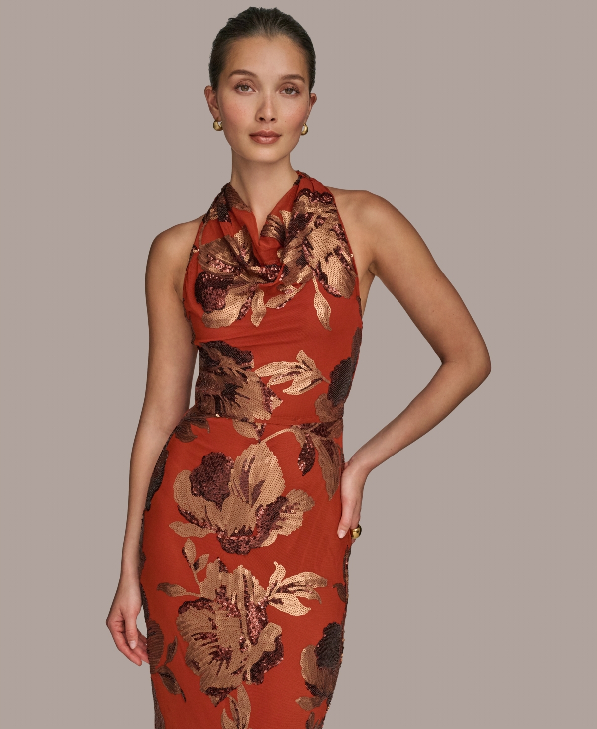 Donna Karan Women's Sequined Cowlneck Gown In Brown