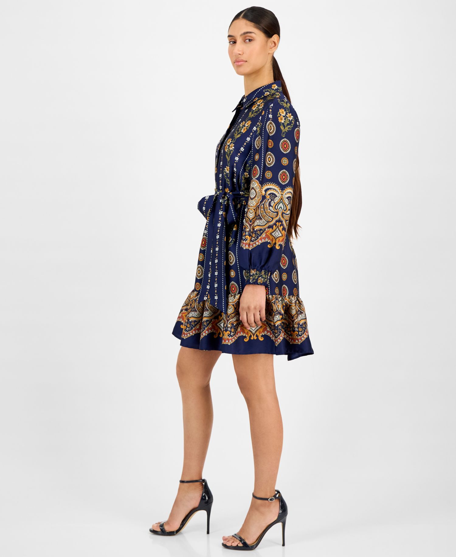 Women's Printed Satin Ruffle-Hem Shirt Dress