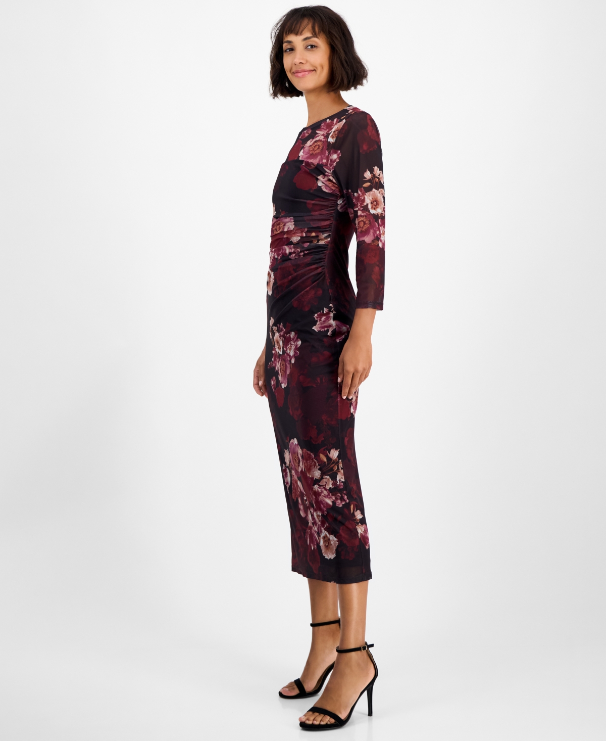 Anne Klein Ruched Mesh Midi Dress In Burgundy