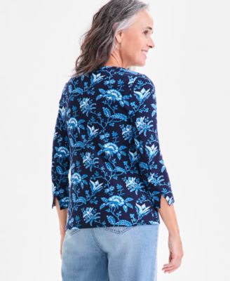 Petite Cotton Floral 3/4-Sleeve Boat-Neck Top, Macy's Exclusive