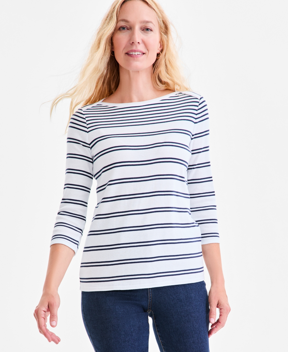 Style & Co Women's Printed Pima Cotton 3/4-sleeve Top, Exclusively At Macy's In Multi