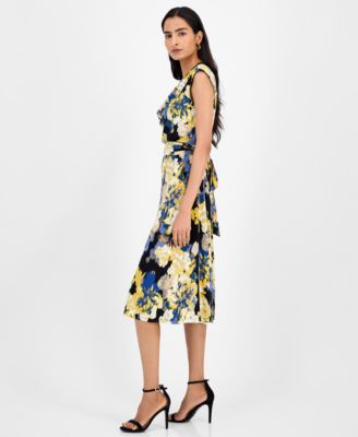 Women's Printed Cowlneck Tie-Waist Midi Dress