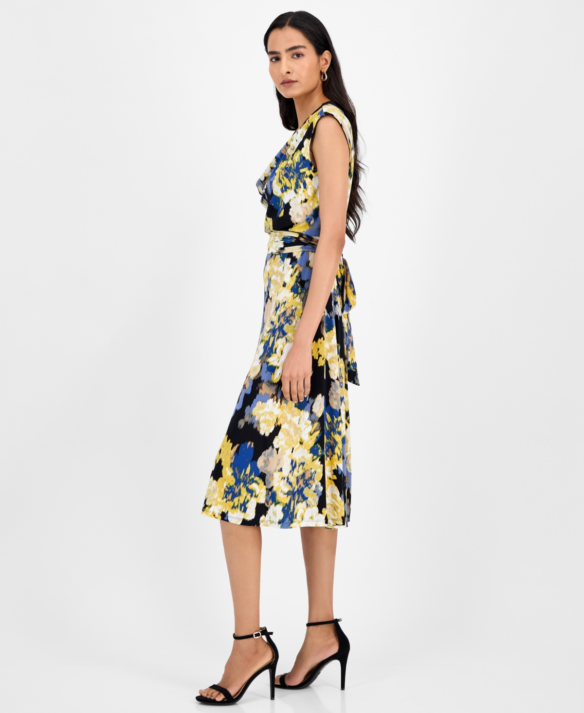Kasper Women's Printed Cowlneck Tie-waist Midi Dress In Blue
