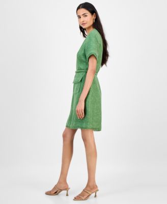 Petite Short-Sleeve Belted Tweed Shift Dress