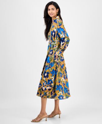 Women's Printed V-Neck Tie-Waist Midi Dress