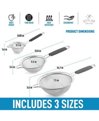 Set of 3 Premium Stainless Steel Fine Mesh Strainer with Non-Slip Handles