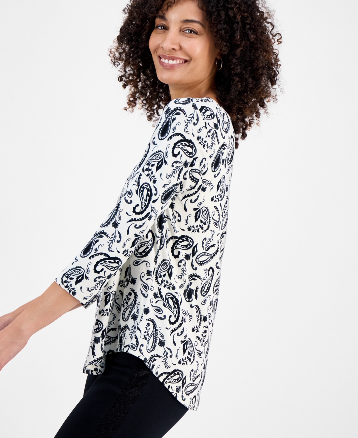 Jm Collection Petite Paisley Print Scoop-neck 3/4-sleeve T-shirt, Macy's Exclusive In Gray