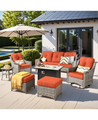 7 Piece Outdoor Patio Furniture with 42 inch Fire Pit,Swivel Rocking Chairs Coversation Set with Comfy Sectional Sofa,Wicker Ottoman