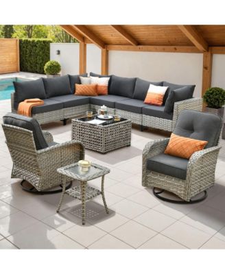 10 Piece Outdoor Patio Furniture with Swivel Chairs,All Weather Wicker Sectional Coversation Set with Solar Coffee Table, Single Modular Chairs