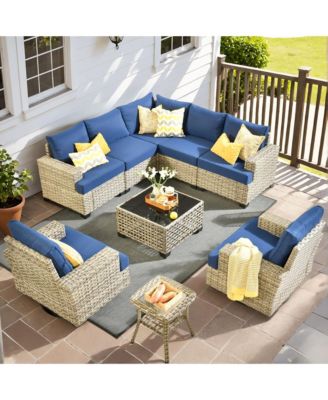 9-Piece Outdoor Wicker Patio Furniture Set with Rattan Modular Sectional Sofa, Swivel Rocking Chairs, and Side Table