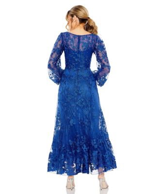 Women's V Neck Mesh Puff Sleeve A Line Embellished Dress