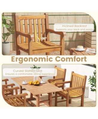 Teak Wood Patio Dining Chair Outdoor Armchair w/ Slatted Seat & Solid Legs