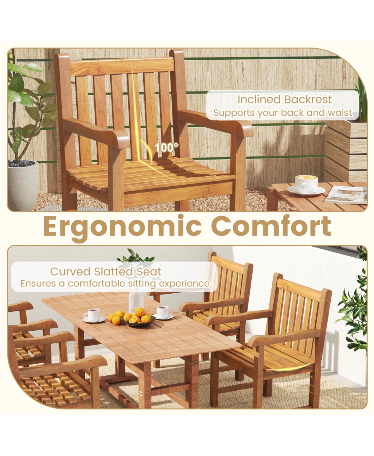 Gymax Teak Wood Patio Dining Chair Outdoor Armchair w/ Slatted Seat & Solid Legs