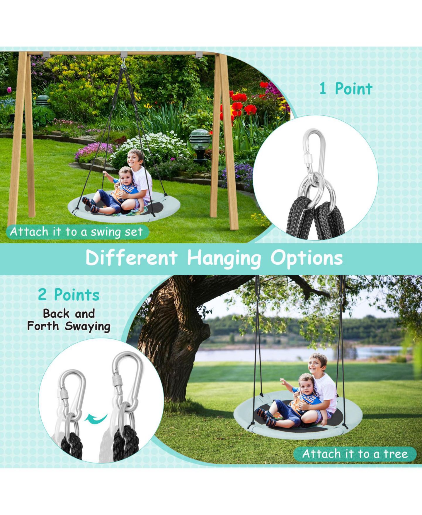 Детская игрушка Mecale 40" Adjustable Hanging Ropes Weather-Resistant Saucer Swing, Ages 3+, цвет: Серый — фото 7