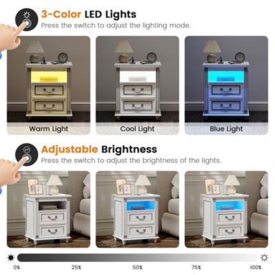 Nightstand with Charging Station, 3-Color LED Lights and 2 Drawers