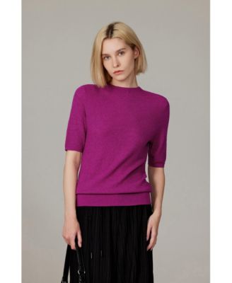 Women's Funnel Neck Short Sleeve Sweater | 75% Merino Wool 25% Silk Ultra Soft Fine-gauge Knit Top | Machine Washable