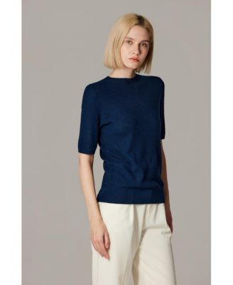 Women's Funnel Neck Short Sleeve Sweater | 75% Merino Wool 25% Silk Ultra Soft Fine-gauge Knit Top | Machine Washable