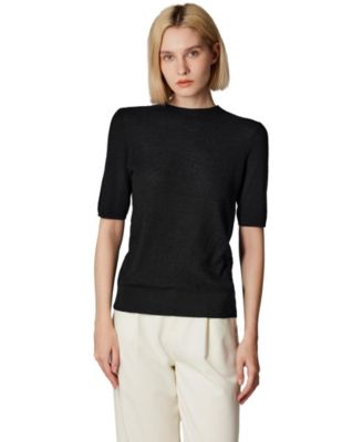 Women's Funnel Neck Short Sleeve Sweater | 75% Merino Wool 25% Silk Ultra Soft Fine-gauge Knit Top | Machine Washable