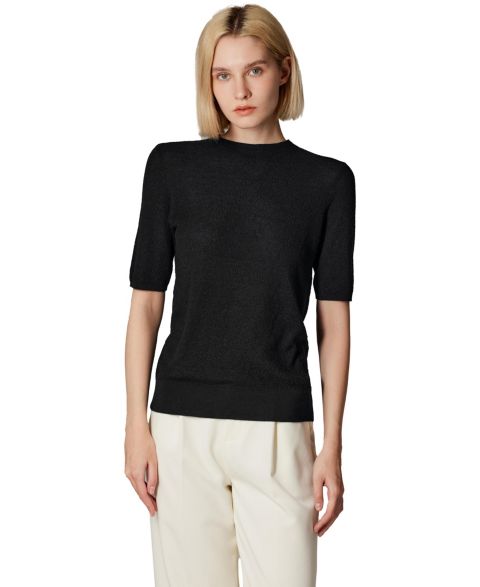 Женский свитер JENNIE LIU Funnel Neck Short Sleeve Sweater 75% Merino Wool 25% Silk Ultra Soft Fine-gauge Knit Top Machine Washable, цвет: Чёрный