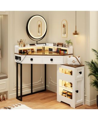 Farmhouse-style dressing table with mirror and lights, featuring a glass top.