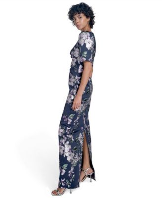 Women's Scuba Printed Jewel-Neck Gown