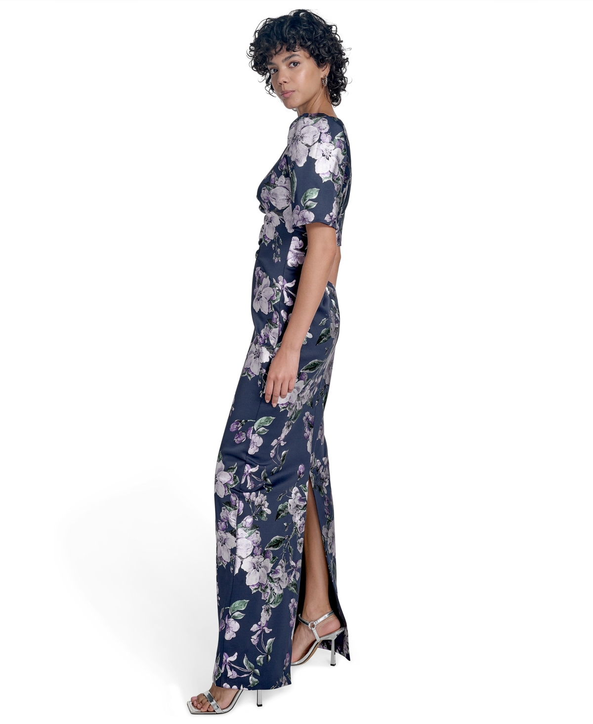 Jessica Howard Petites Printed Boat-neck Gown In Blue