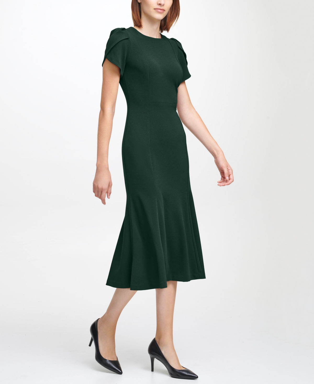 Calvin Klein Tulip Sleeve Crepe A-line Midi Dress In Black